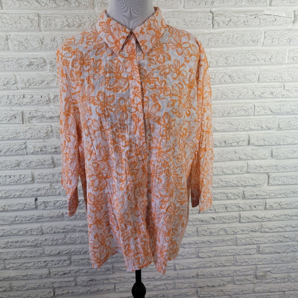 Denim & Co 1X Orange White Floral 3/4 Sleeve Button Up Shirt Semi Sheer FLO276E